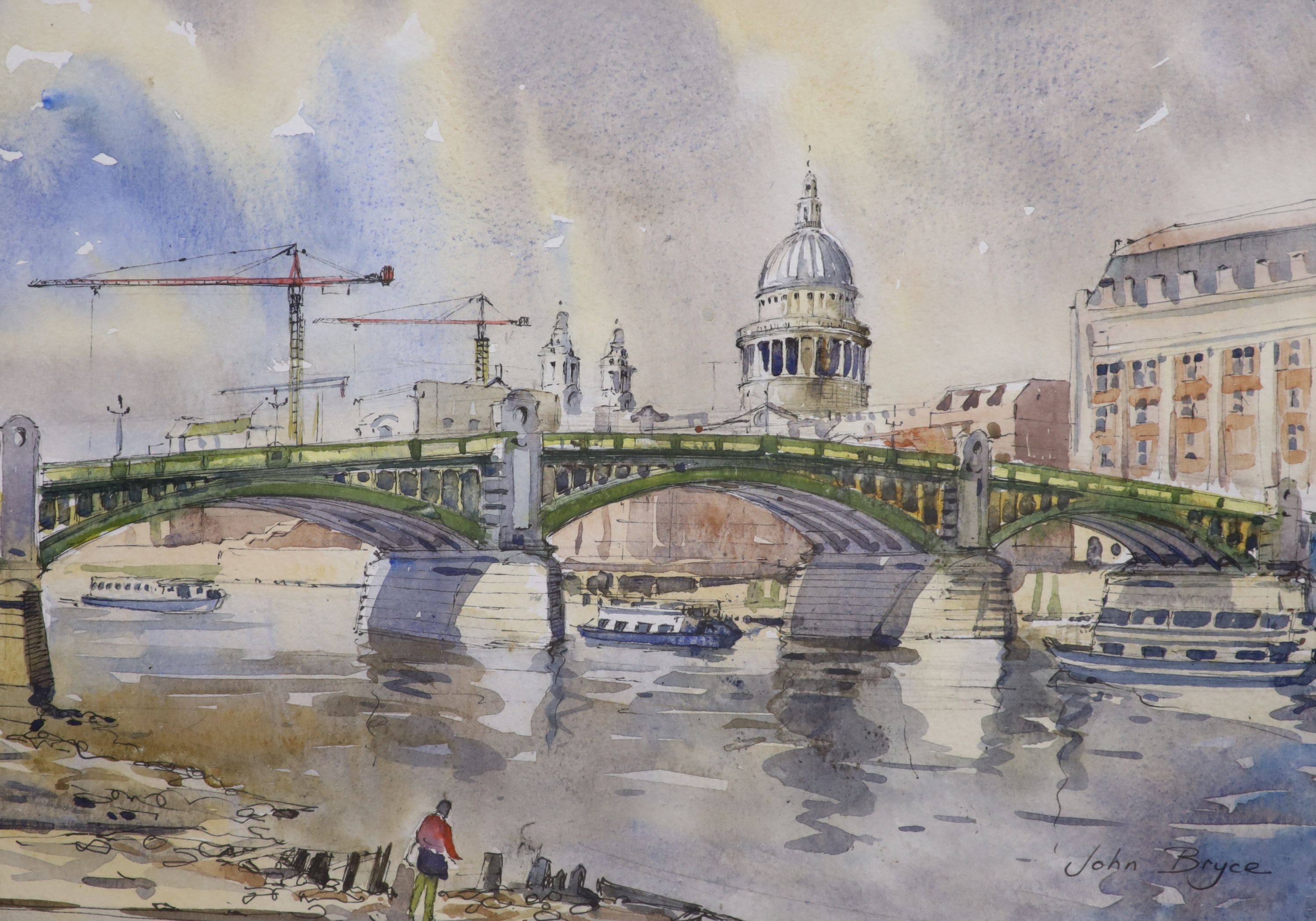John Bryce (b. 1934), two watercolours, Southwark Bridge and St Paul's and Fishing boats, signed, 24 x 34cm and 35 x 54cm